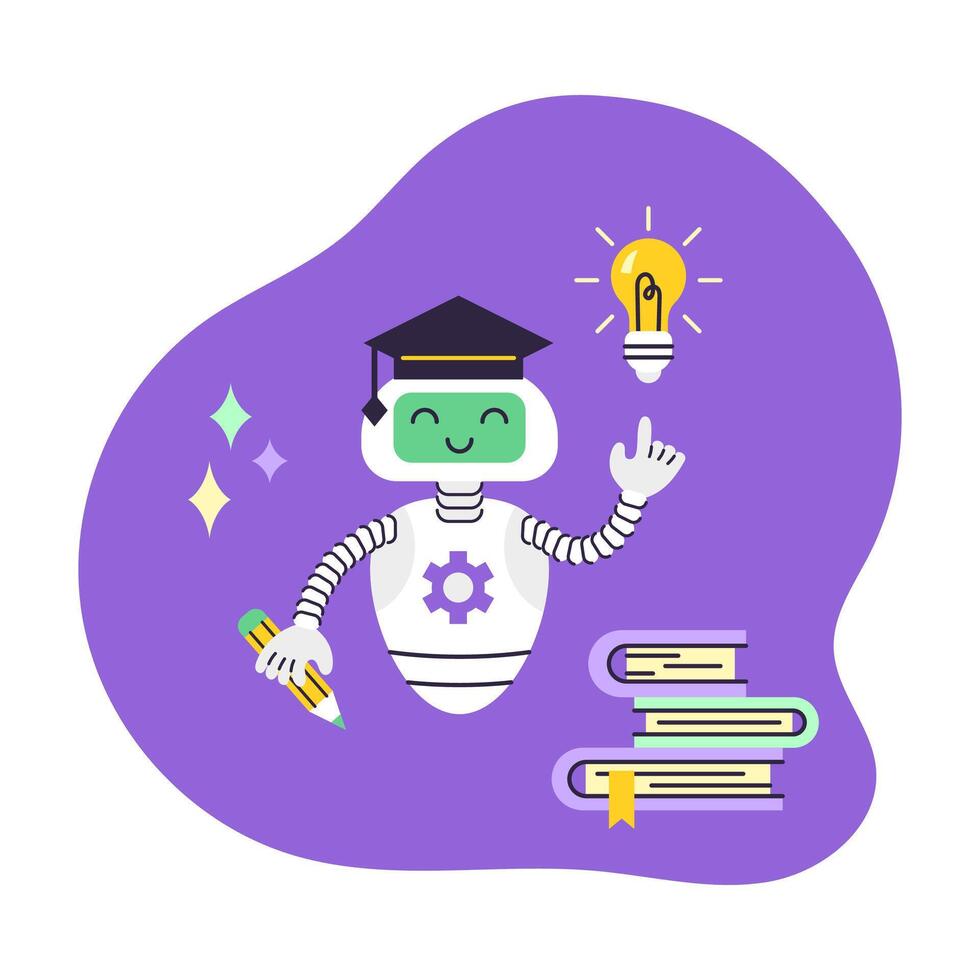 AI Robot assistant points at light bulb. There is stack of books nearby. Artificial Intelligence Virtual Assistant. Concept Data Analytics and education. Isolated illustration. vector