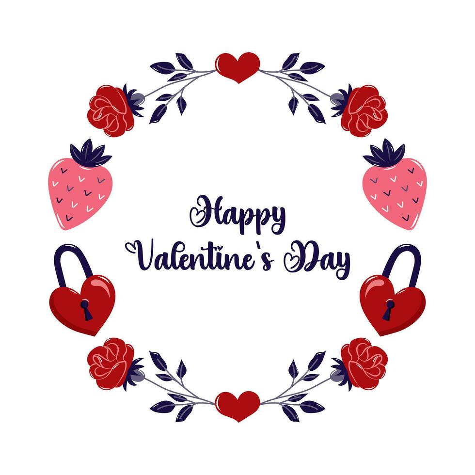 Happy Valentine's Day round frame with roses and strawberries. Simple cute greeting card. Isolated illustration. vector