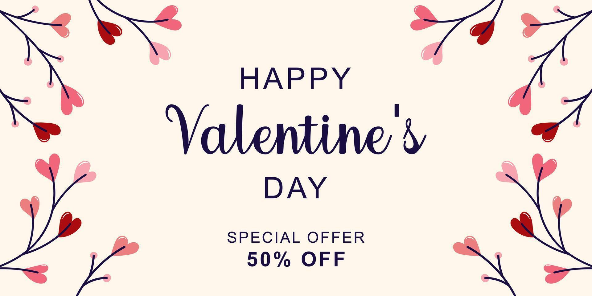 Happy Valentine's Day horizontal banner for sale. Twigs with hearts on the edges. Simple cute greeting card. illustration. vector