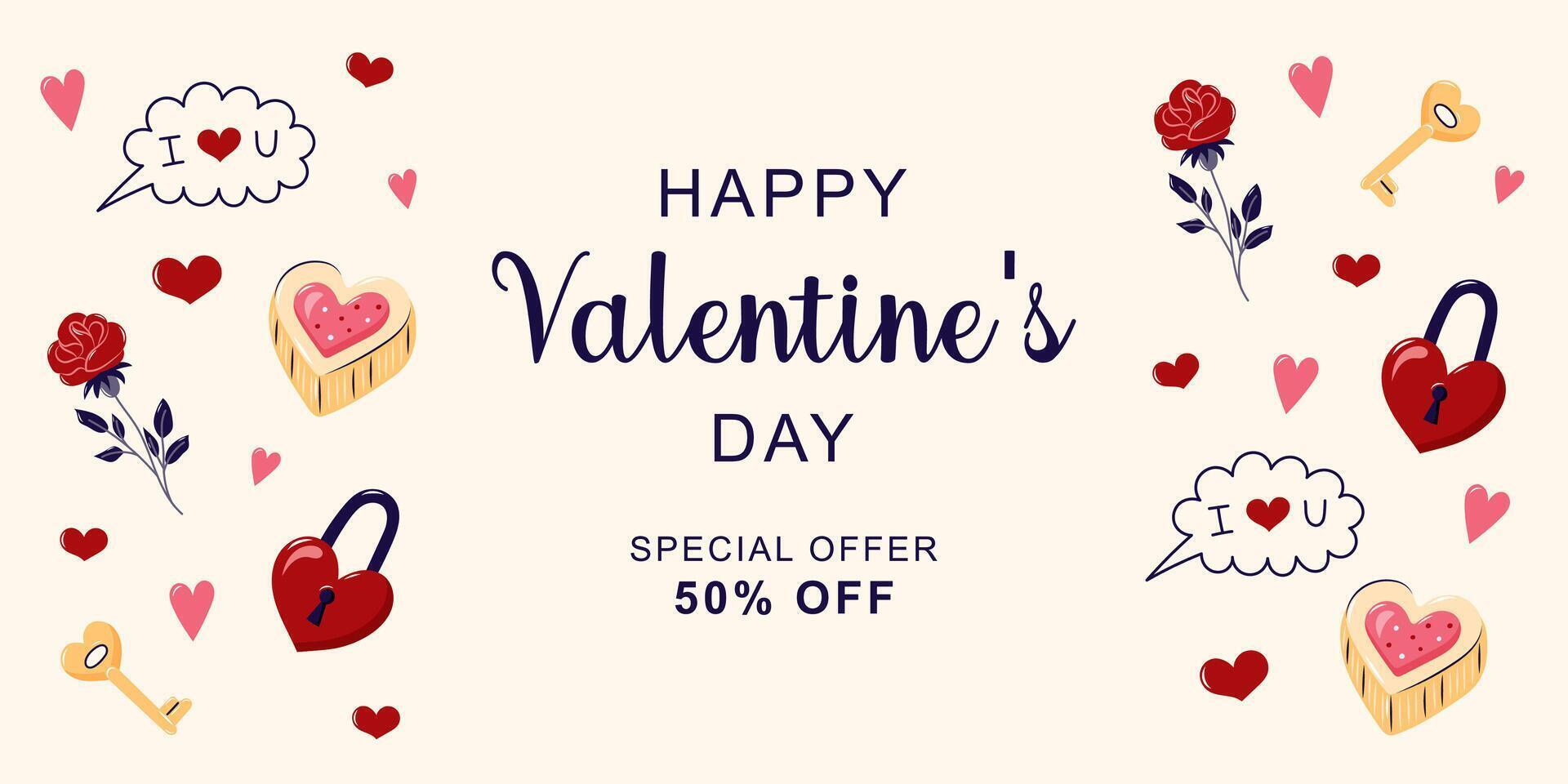 Happy Valentine's Day horizontal banner for sale. Love elements on the edges. Simple cute greeting card. illustration. vector