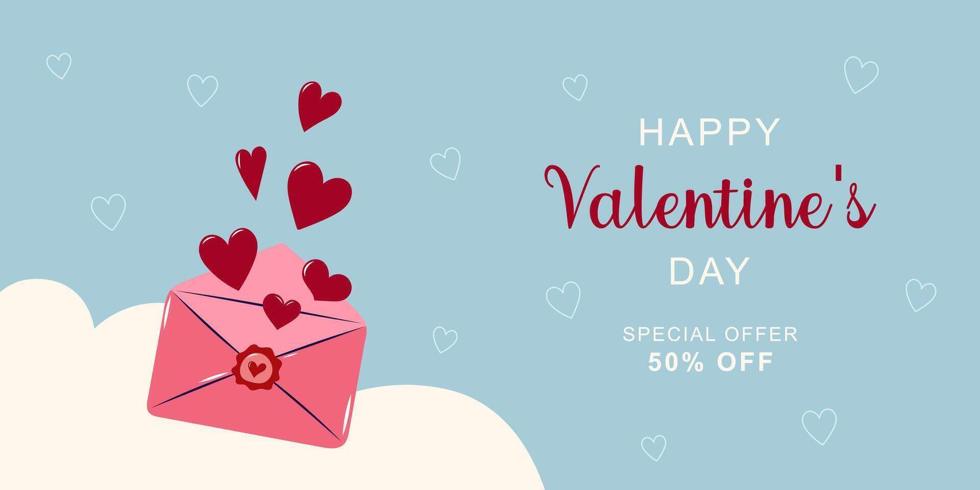 Happy Valentine's Day horizontal banner for sale. Red hearts flying out of open envelope. Simple cute greeting card. illustration. vector