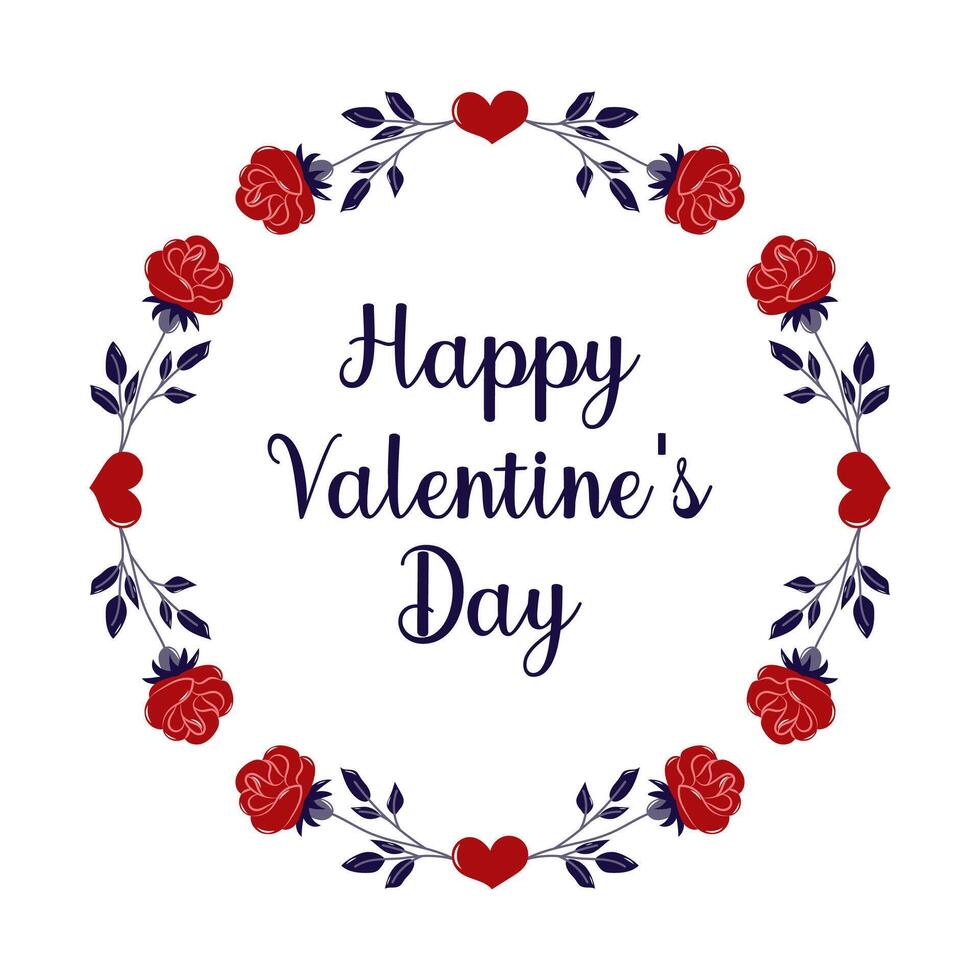 Happy Valentine's Day round frame with red roses and hearts. Simple cute greeting card. Isolated illustration. vector