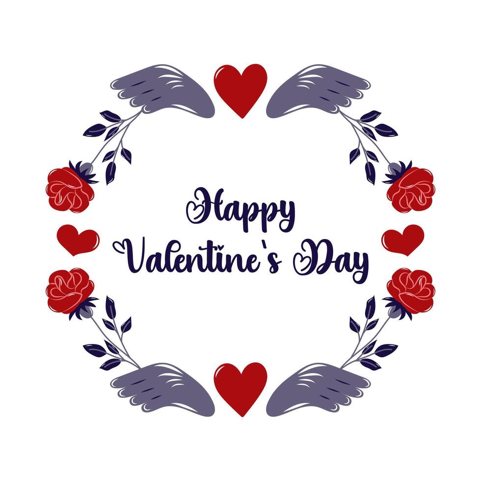 Happy Valentine's Day round frame with red roses and hearts with angel wings. Simple cute greeting card. Isolated illustration. vector
