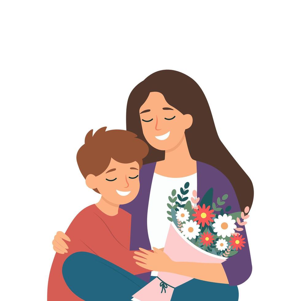 Mother with a bouquet of flowers and son. vector