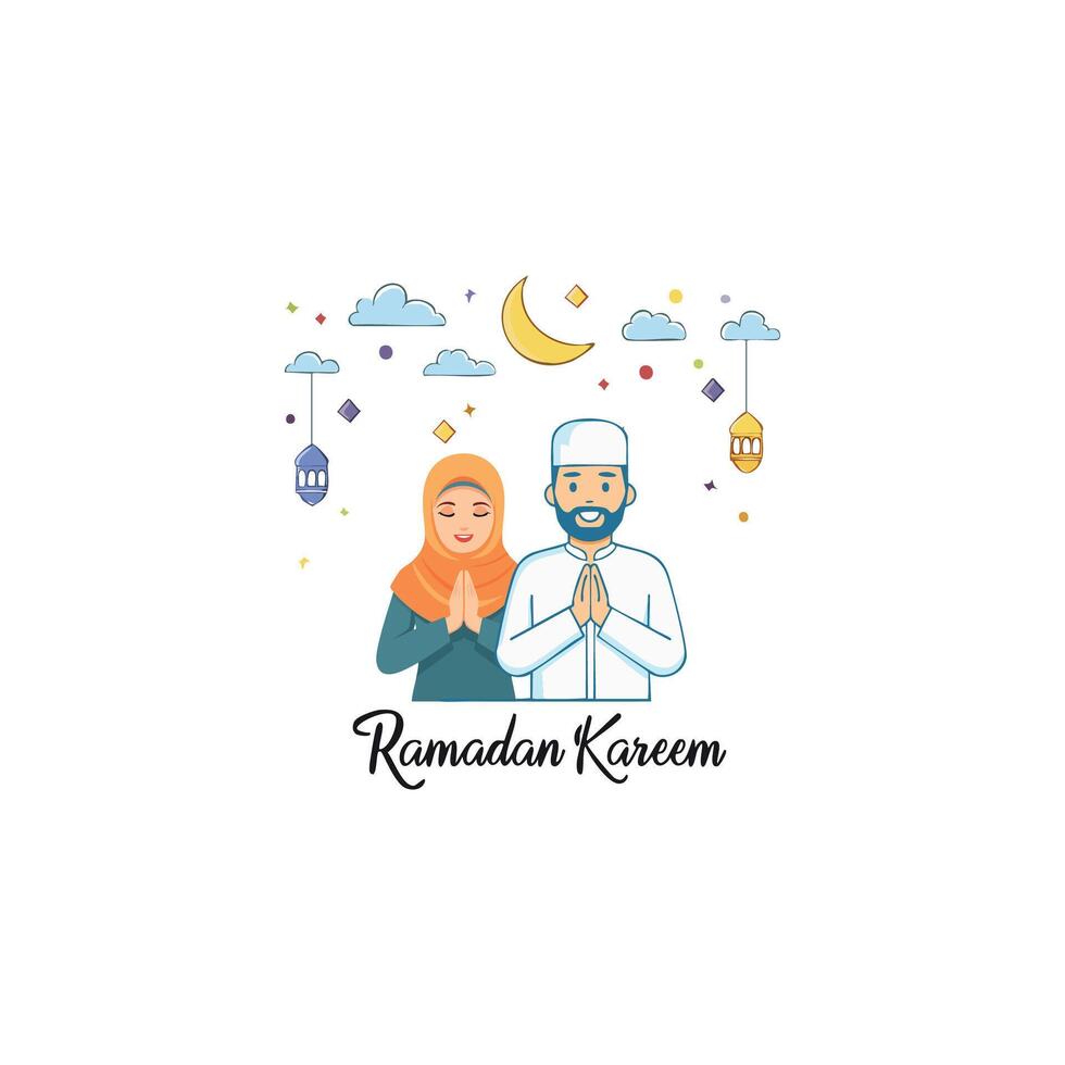 Ramadan kareem man and woman greeting, Happy Ramadan Kareem. vector