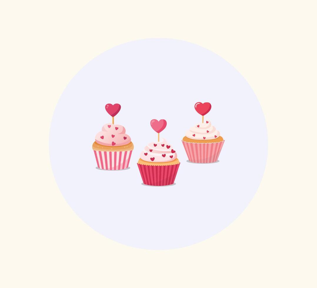 Set of pink cupcakes with love topper. Valentine cake. vector