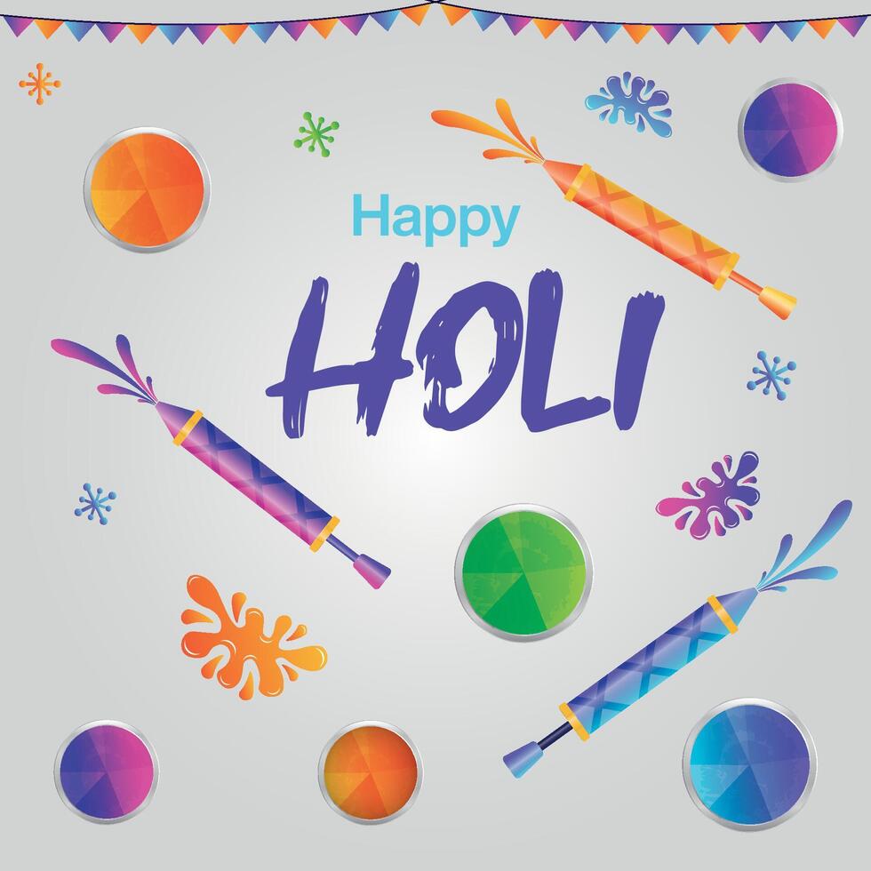 Happy holi festival poster template with holi powder color bowls on white background. vector