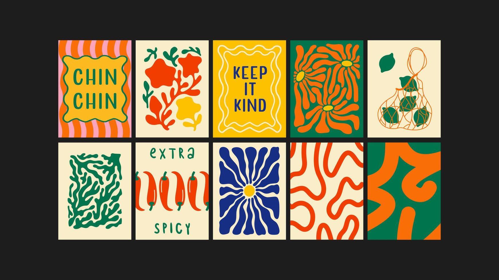 Abstract posters in retro cartoon style. Perfect for kitchens, cafes, or adding a groovy touch to home interiors vector