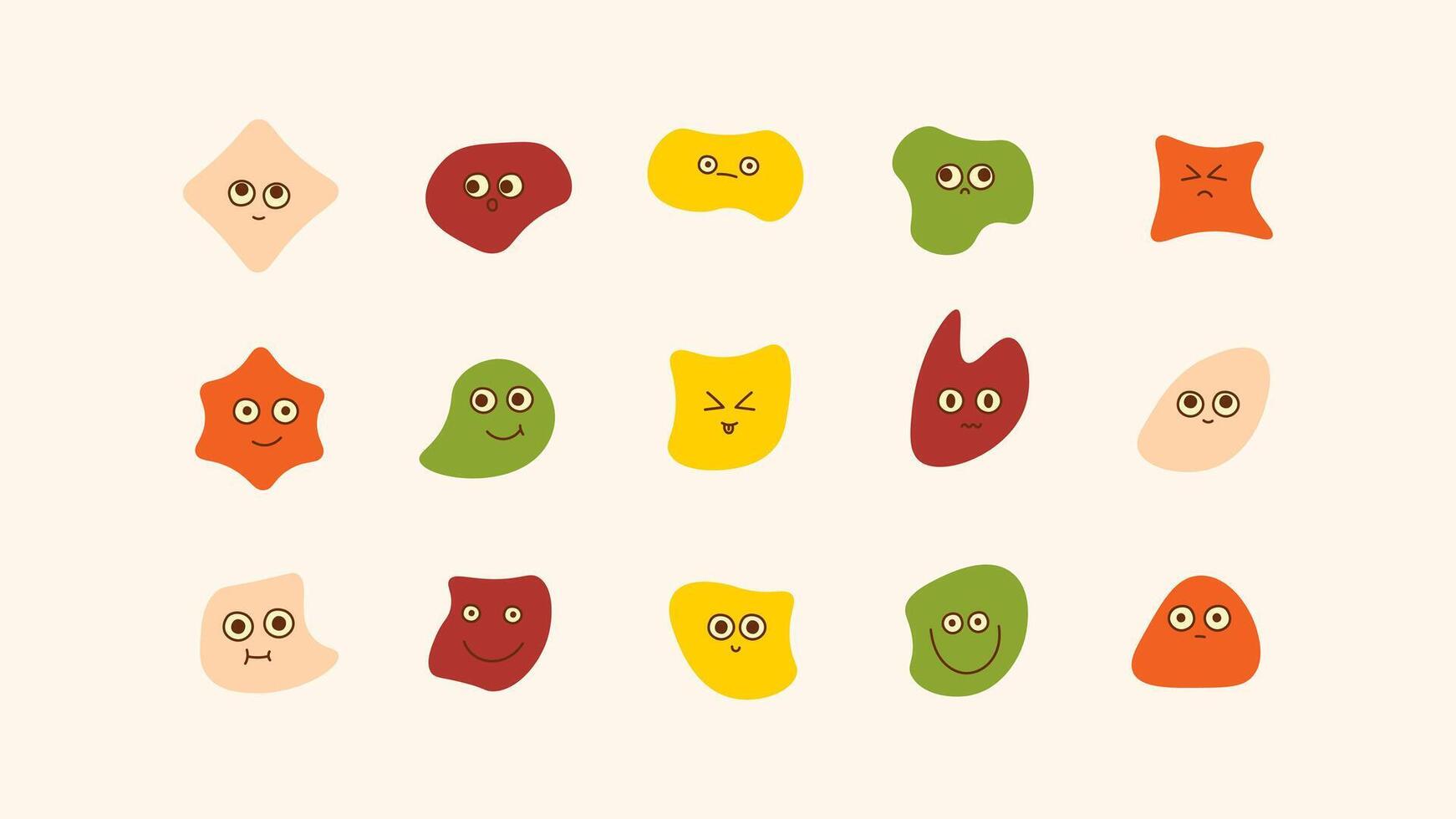 Abstract face shapes expressing different emotions. doodle mascot characters with smiling expressions. Retro-style, groovy cartoon hippie stickers inspired by the 90s vector