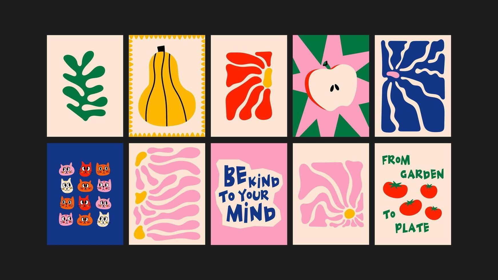 Psychedelic food designs with funky 90s vibes. Bright and stylish for kitchens, cafes, and trendy home interiors vector