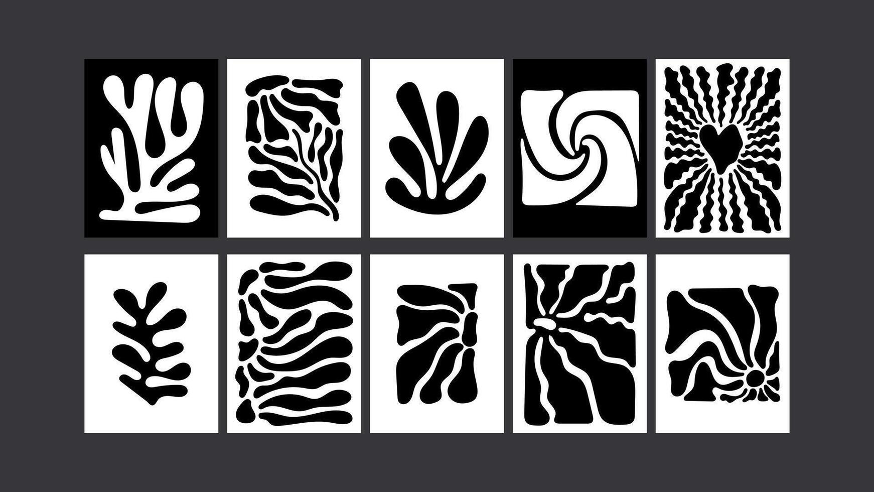 Black and white retro- 90s groovy posters. Trippy waves, funky florals, abstract doodle art style vector