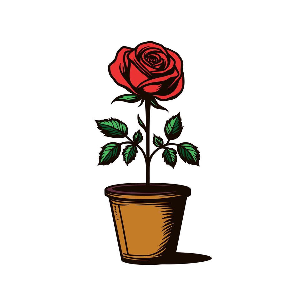 red roses flowers with leaves and flower pot black outline sketch hand drawn style vector