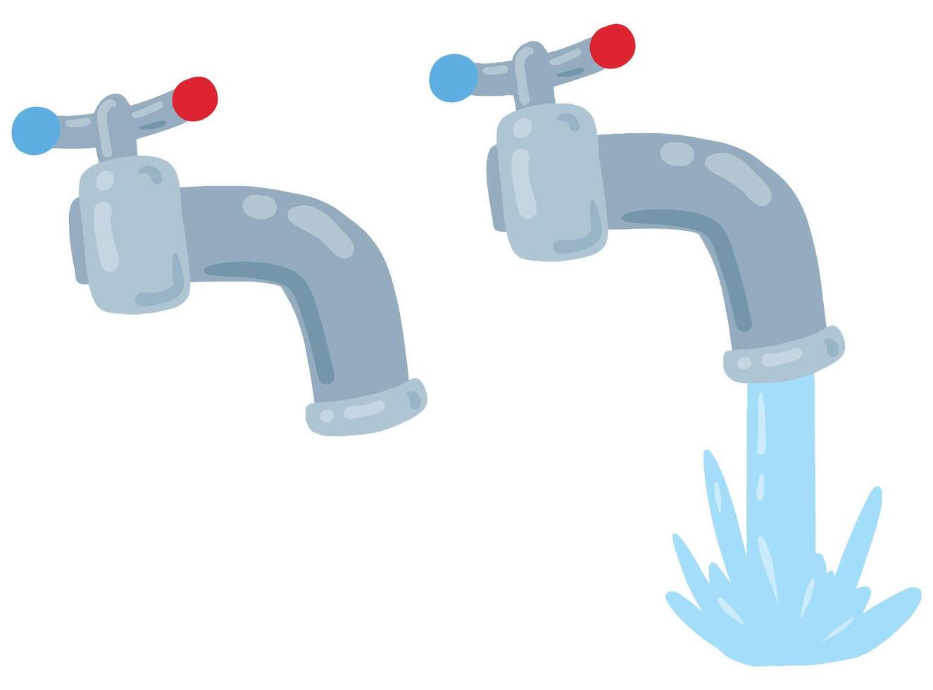 Water tap. Faucet and blue flowing liquid. Plumbing droplet, pour and flow cartoon illustration vector