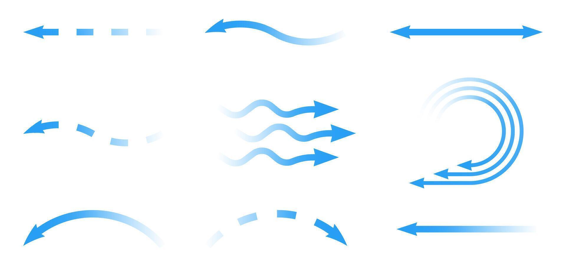 Air flow. Set of blue arrows showing direction of air movement. Wind direction arrows. Blue cold fresh stream the conditioner. vector