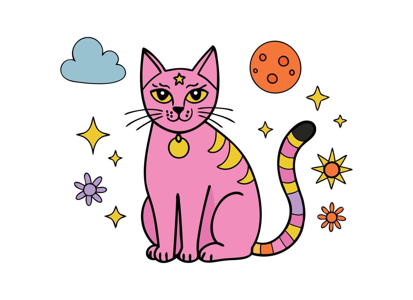 Whimsical Pink Cosmic Cat Illustration with Stars and Planets vector