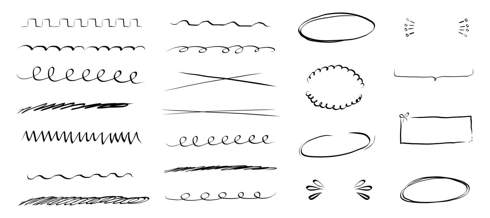 Underline mark border doodle hand drawn mark, swoosh highlight freehand brush. Grunge scribble curvy symbol. Marker check figure. vector