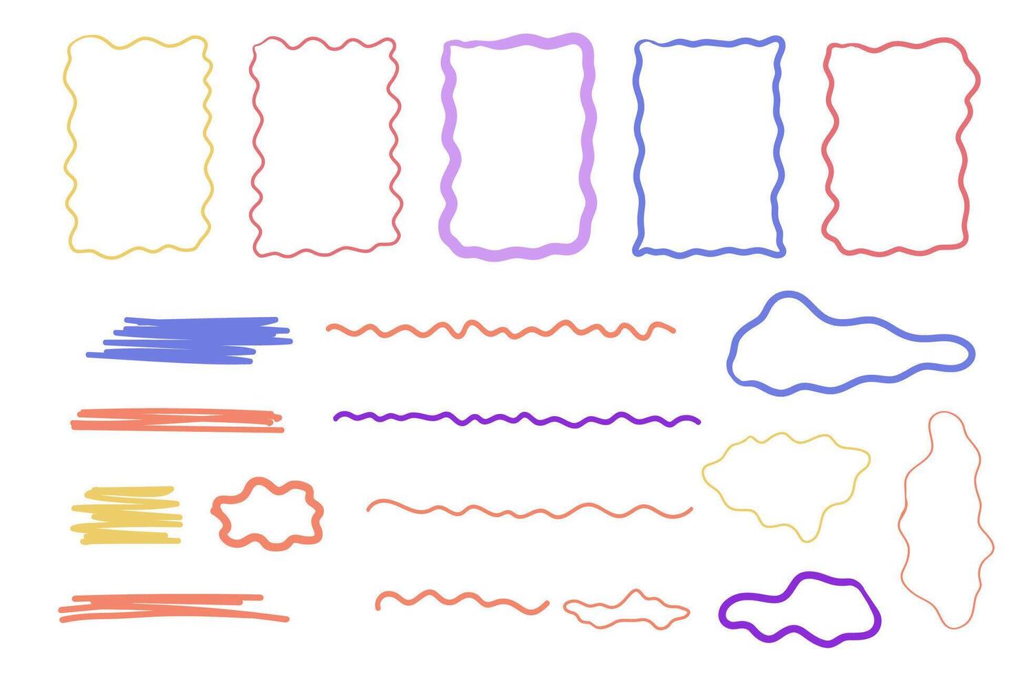 Zig zag frame border squiggle wavy set, underline brush stroke curved edges hand drawn empty tet box. Speech bubble badge jagged abstract shape. vector