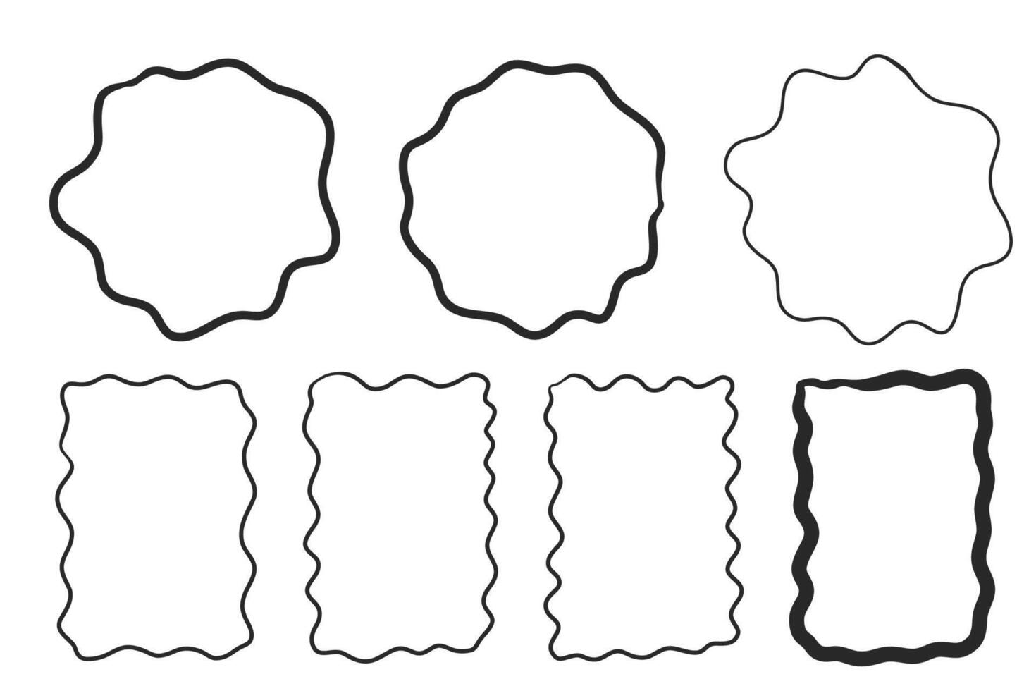 Zig zag frame border squiggle wavy set, underline brush stroke curved edges hand drawn empty tet box. Speech bubble badge jagged abstract shape. vector