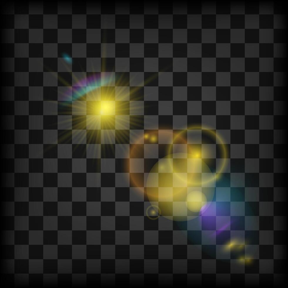 Aperature Effect, lens flare. Shining sun with lens flare effect. Colorful particles, glimpes and halo. vector