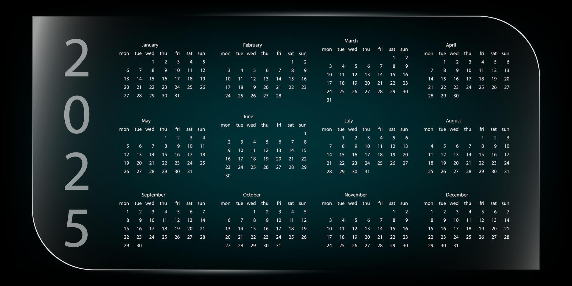 Stylish monochrome calendar on transparent glass. 2025. Minimalistic, business, official design vector