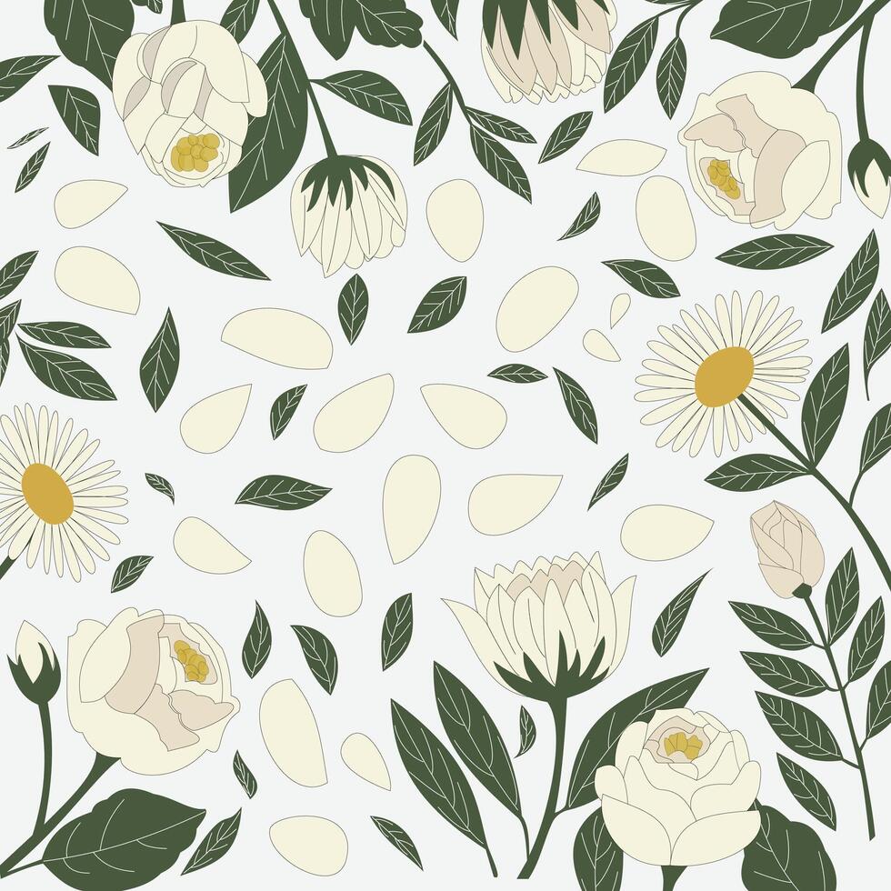 white rose and sunflowers and petals with green leaves hand draw pattern vector