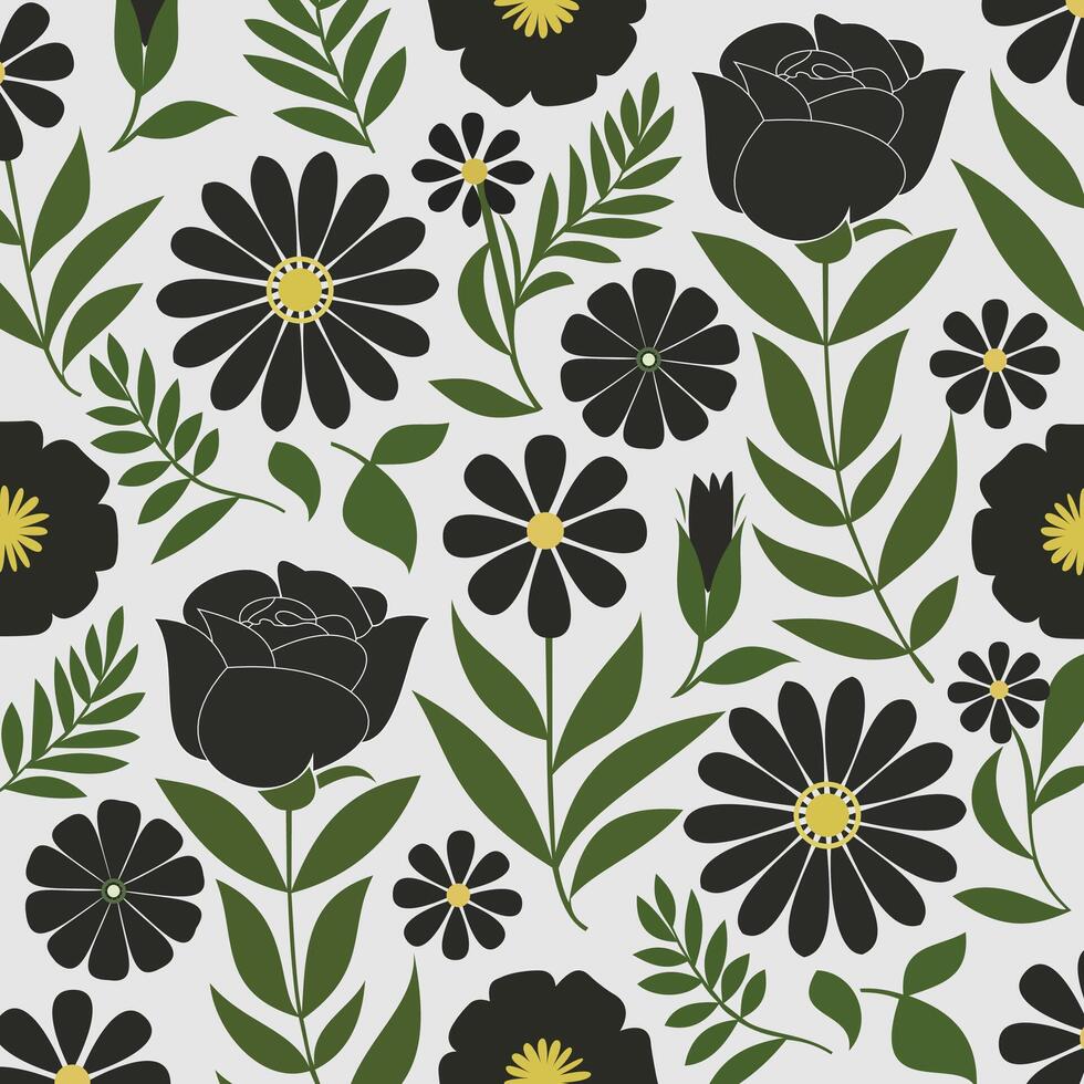 Black elegant seamless hand draw floral pattern with green leaves vector