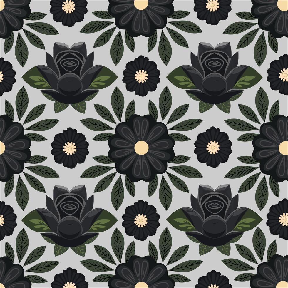 Black roses with sunflowers hand draw floral seamless pattern vector
