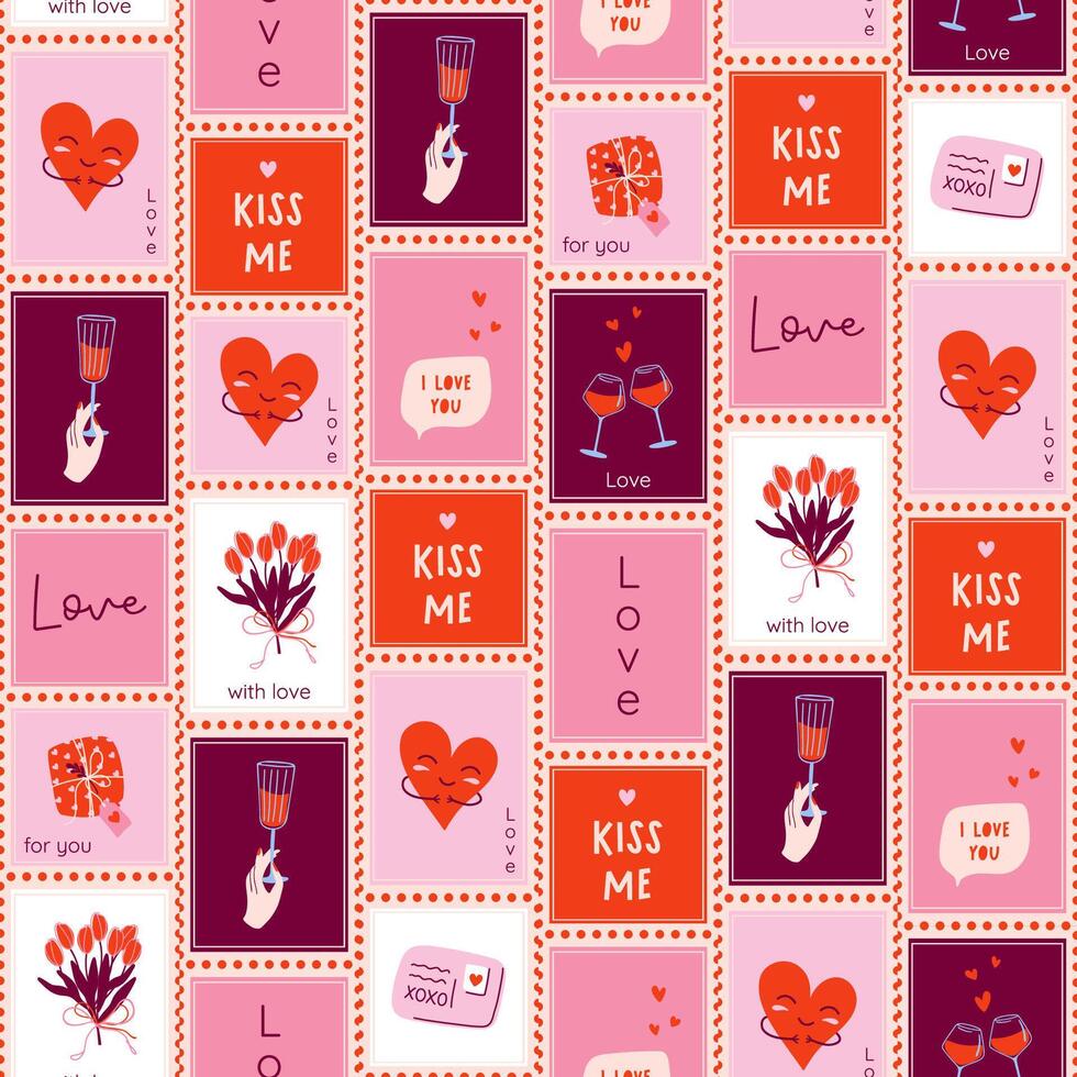 Happy Valentine's Day postage stamps background. Vintage love seamless pattern. Cute romantic print for fabric, wrapping paper, textile. Hand drawn flat design illustration. vector