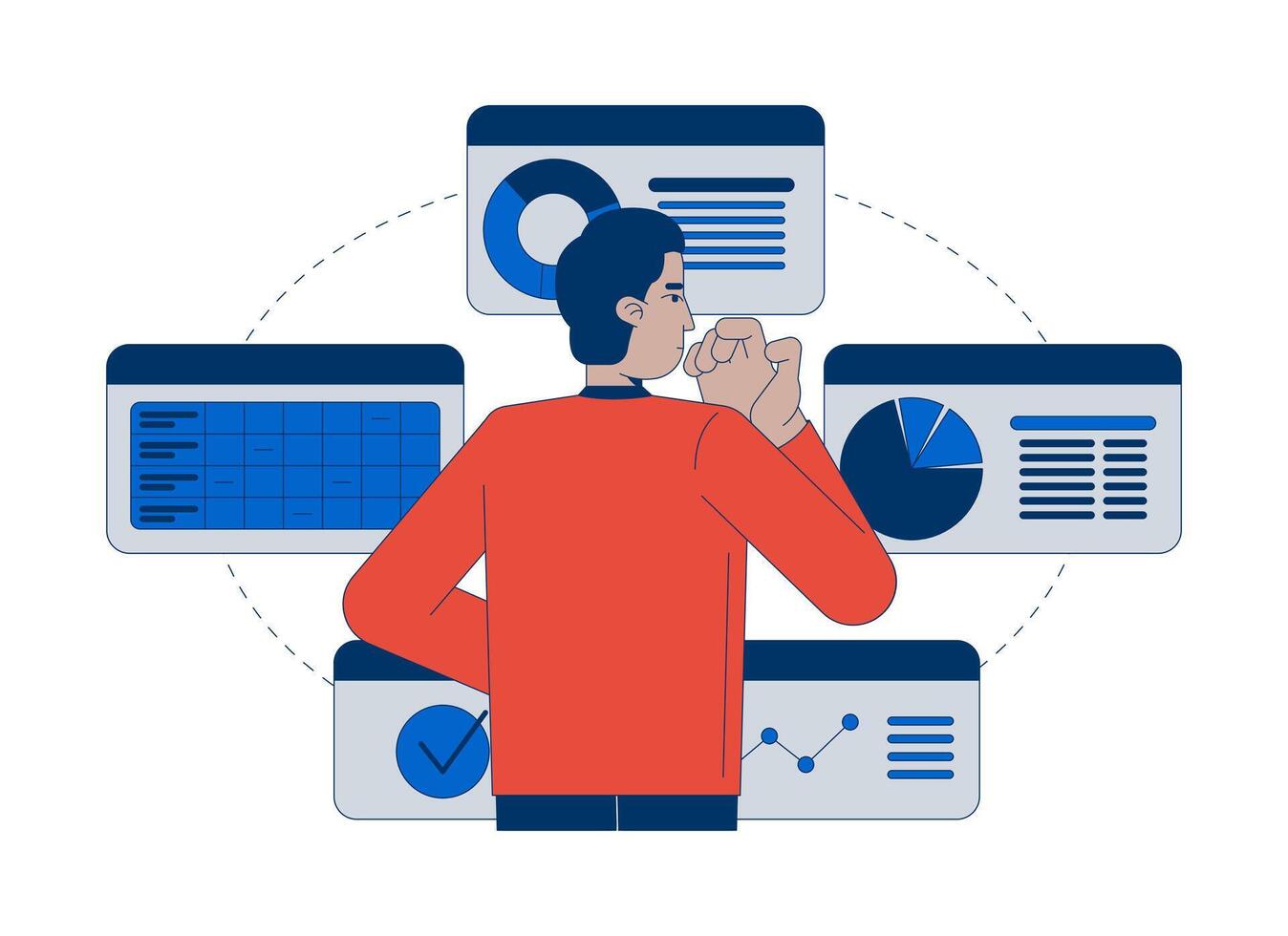 Analyzing data insights for decision making 2D illustration concept. Dashboards reviewing. Business man working on projects cartoon character isolated on white. Metaphor abstract flat graphic vector