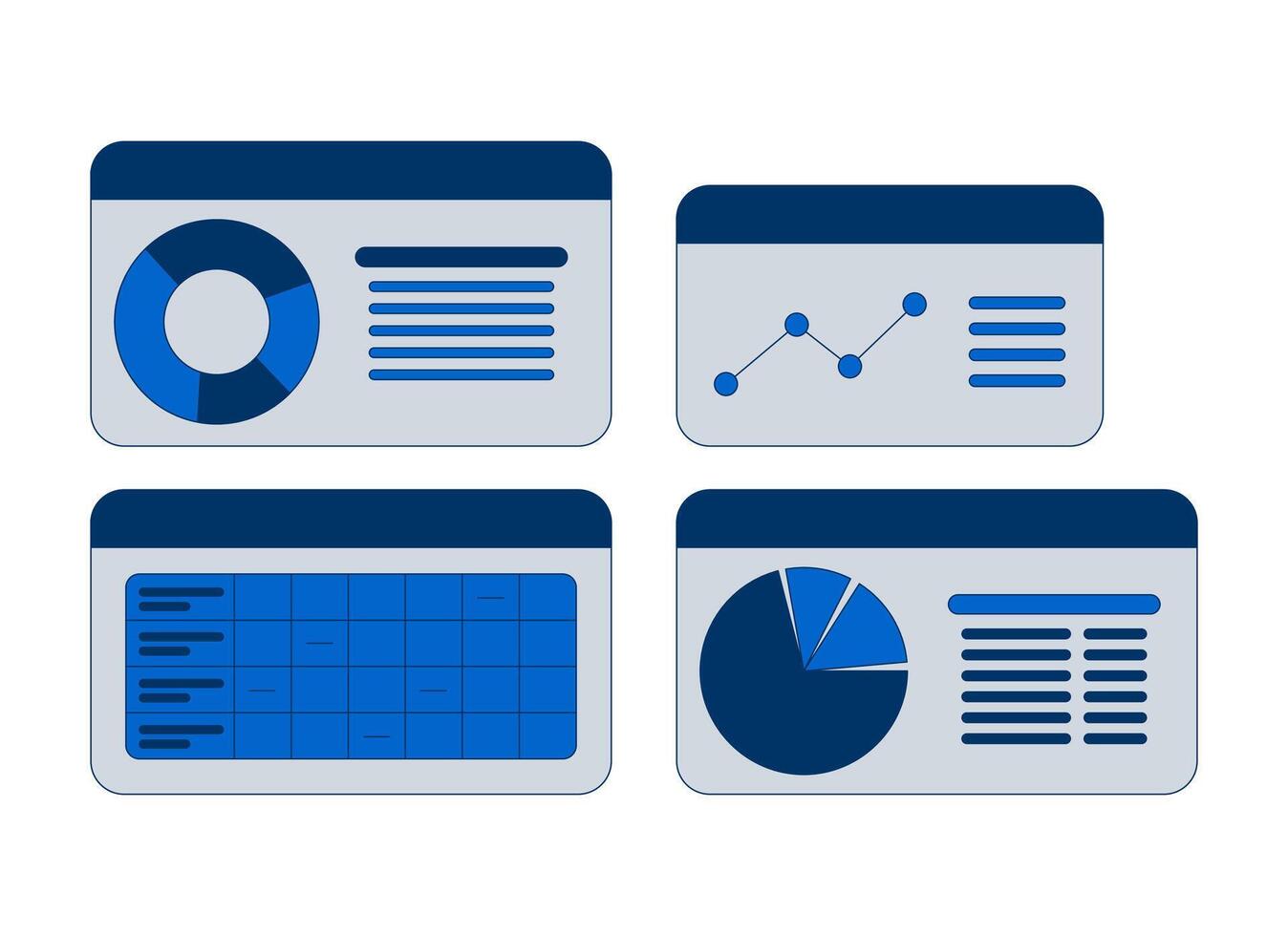 Business dashboard with pie charts and graphs 2D cartoon objects set. Data analysis, analytics reports isolated elements flat cliparts on white background. Spot illustrations collection vector