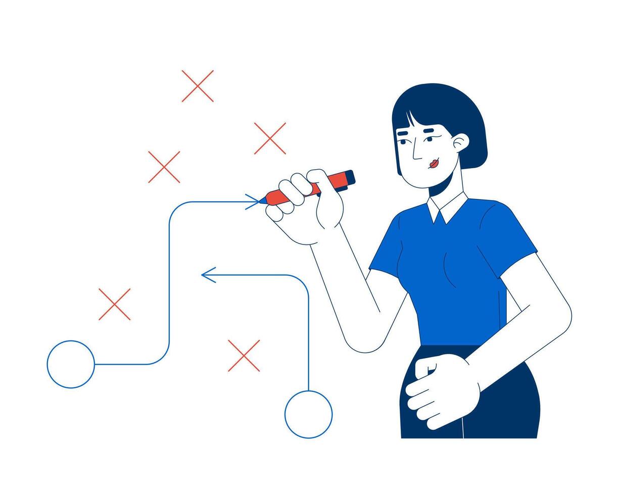 Asian business woman planning strategy with flowchart 2D cartoon character. Critical thinking. Problem-solving businesswoman isolated person flat on white background. Spot illustration colorful vector