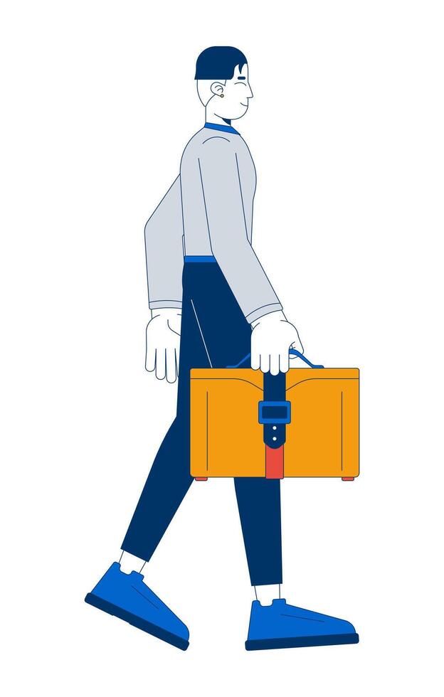 Asian businessman walking confidently with briefcase 2D cartoon character. Professional korean man business stride isolated person flat on white background. Spot illustration colorful vector