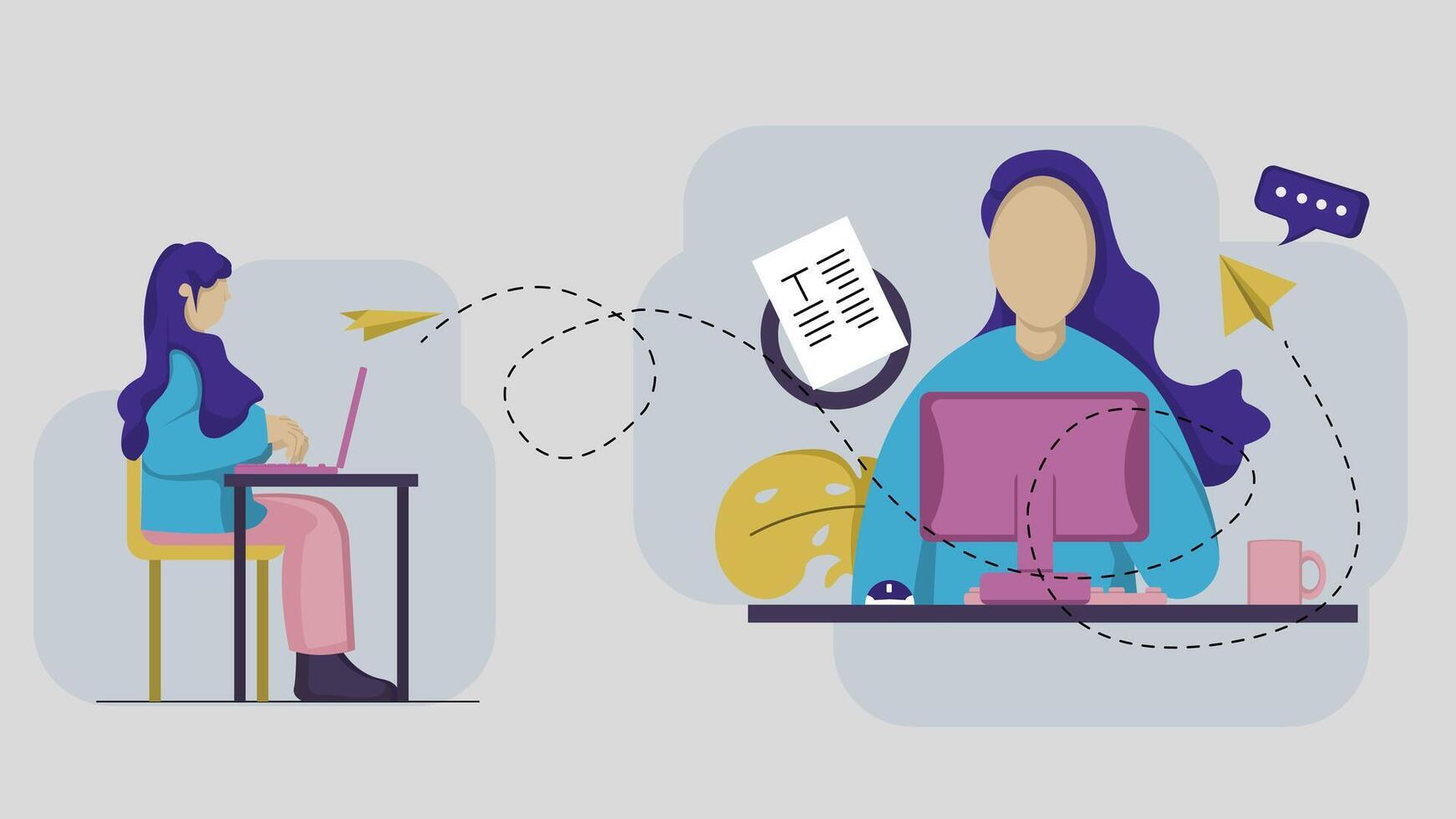 a woman is sitting at a desk with a laptop and a paper airplane vector
