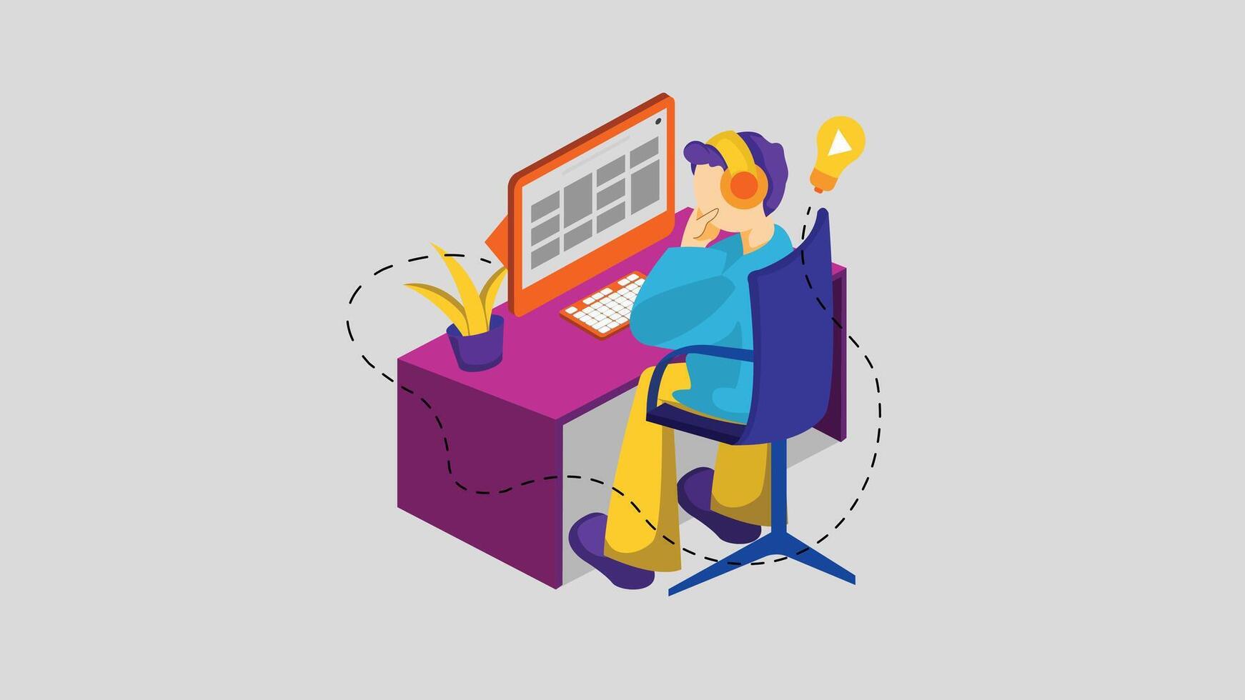 a person sitting at a desk with headphones on vector