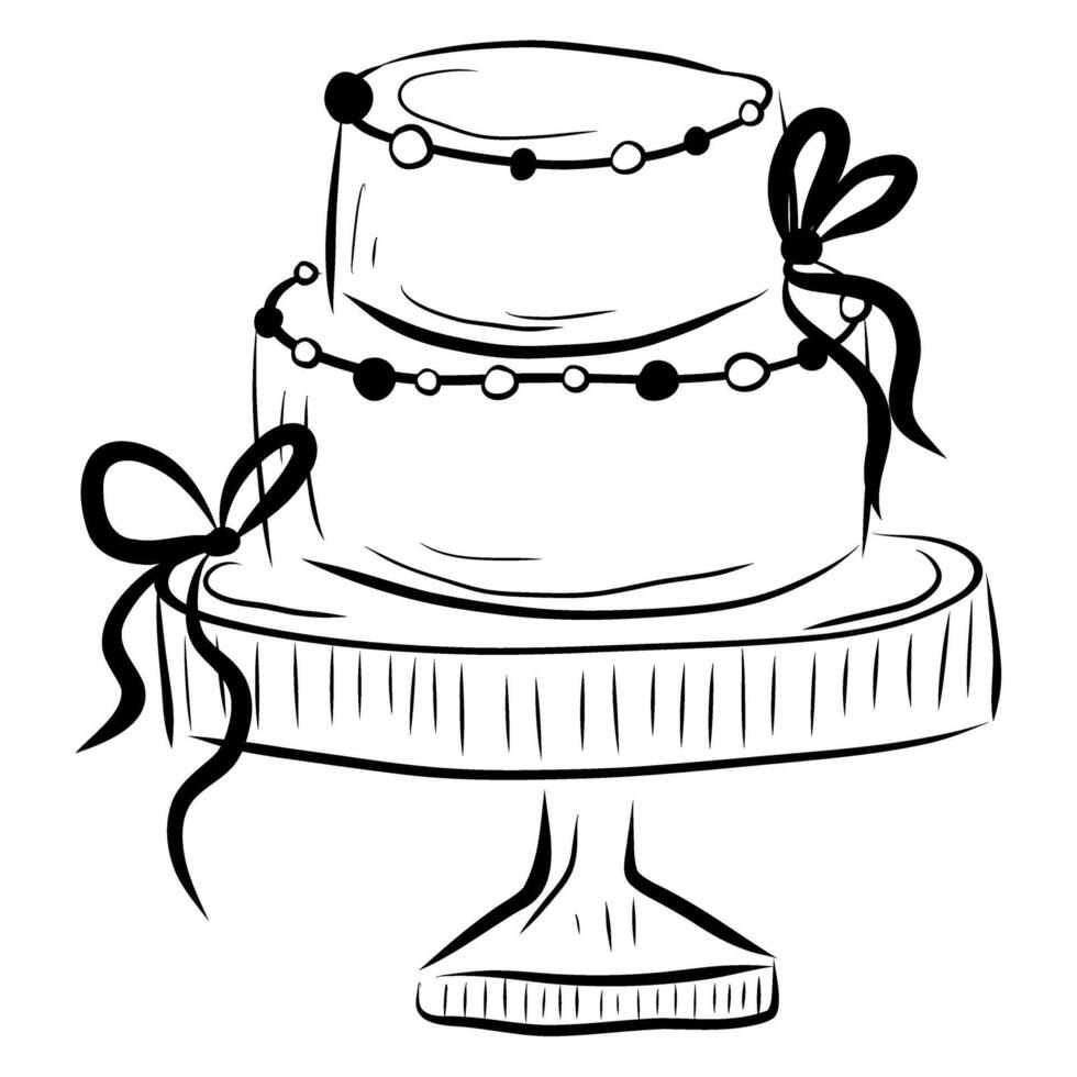 Whimsical Cake Hand drawn Illustration, Doodle for Wedding Invitations, Menu, Bridal Invites, Rehearsal Dinner, Wedding Party, Bachelorette Party, Birthday Cake, Bow ties on a cake vector