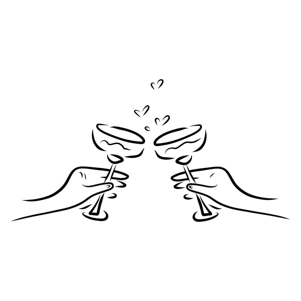 Hands toasting champagne glasses, Hand drawn clinking glasses, Cheers, bubbles in the shape of heart, doodle drawing vector