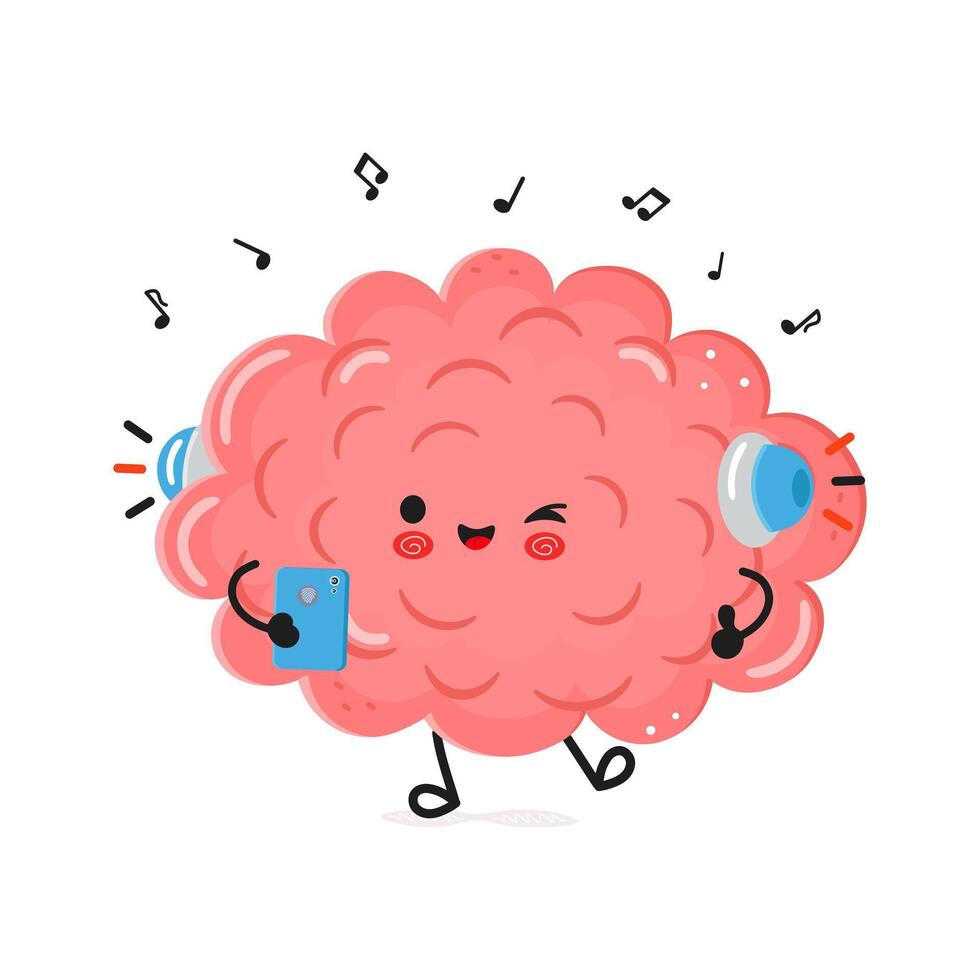 Cute brain character enjoying music with headphones and phone vector