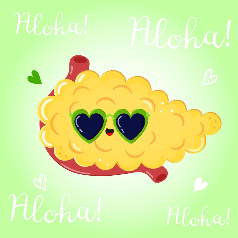 Cute funny Pancreas character. hand drawn cartoon kawaii character illustration icon. Isolated on green background. Pancreas character concept. Aloha card vector