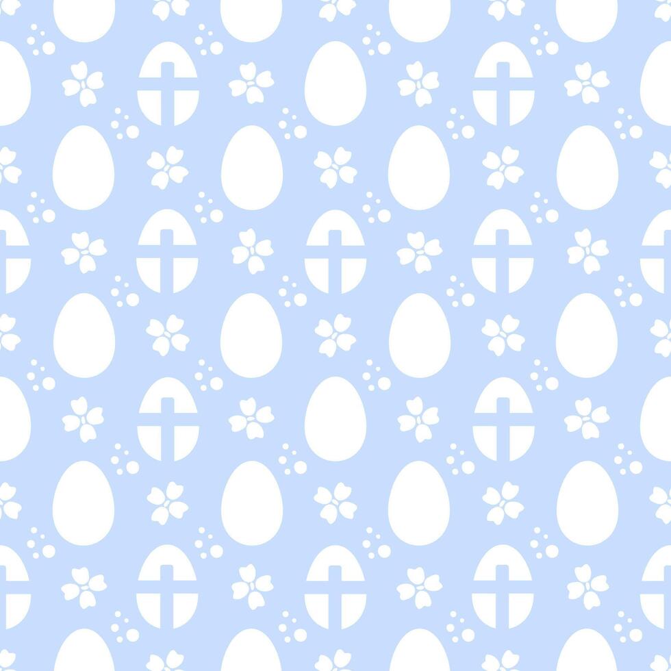 Seamless pattern with Easter eggs, a cross, and spring flowers. White and blue color. A simple abstract decorative template for celebrating the Easter holiday. Print for textiles, packaging vector