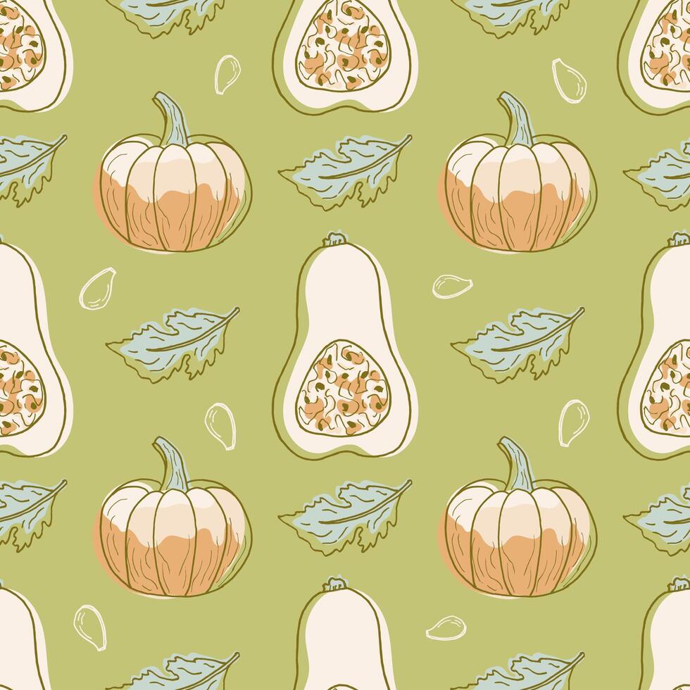 Bright seamless pumpkin pattern, hand-painted. A backdrop for Thanksgiving, the season of vegetables, and vegetarian foods. A print with different pumpkins for wallpaper, textiles, wrapping paper vector