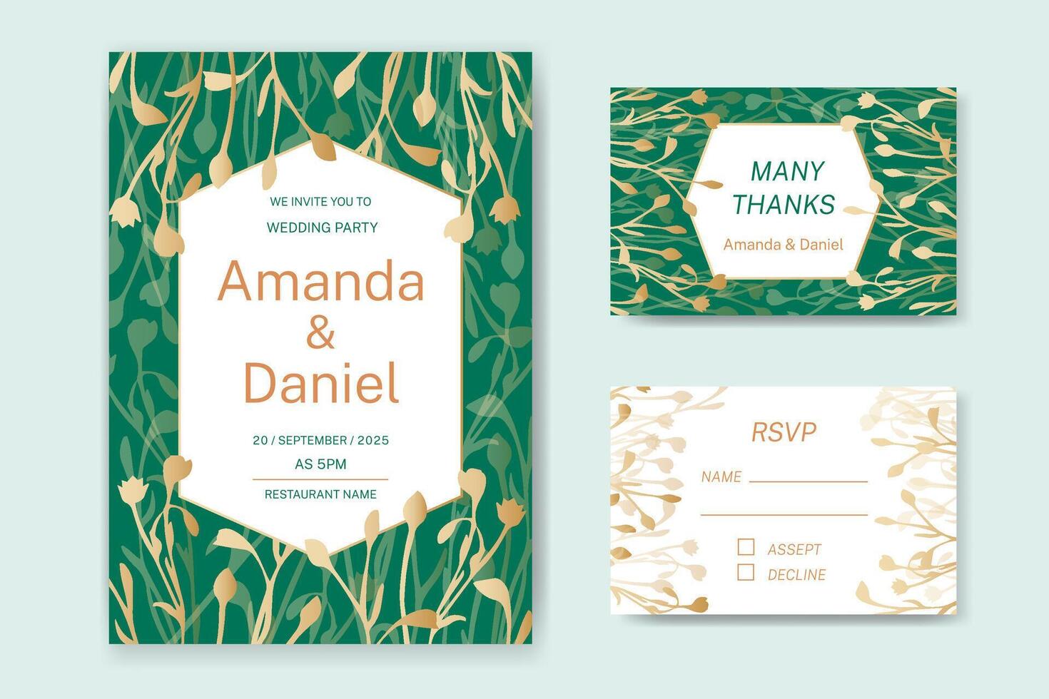 Wedding invitation layouts on a green background with a botanical pattern, flax flowers in gold. Invitation card, thank you cards. Making postcards, business cards, floral ornaments, valentine's Day. vector