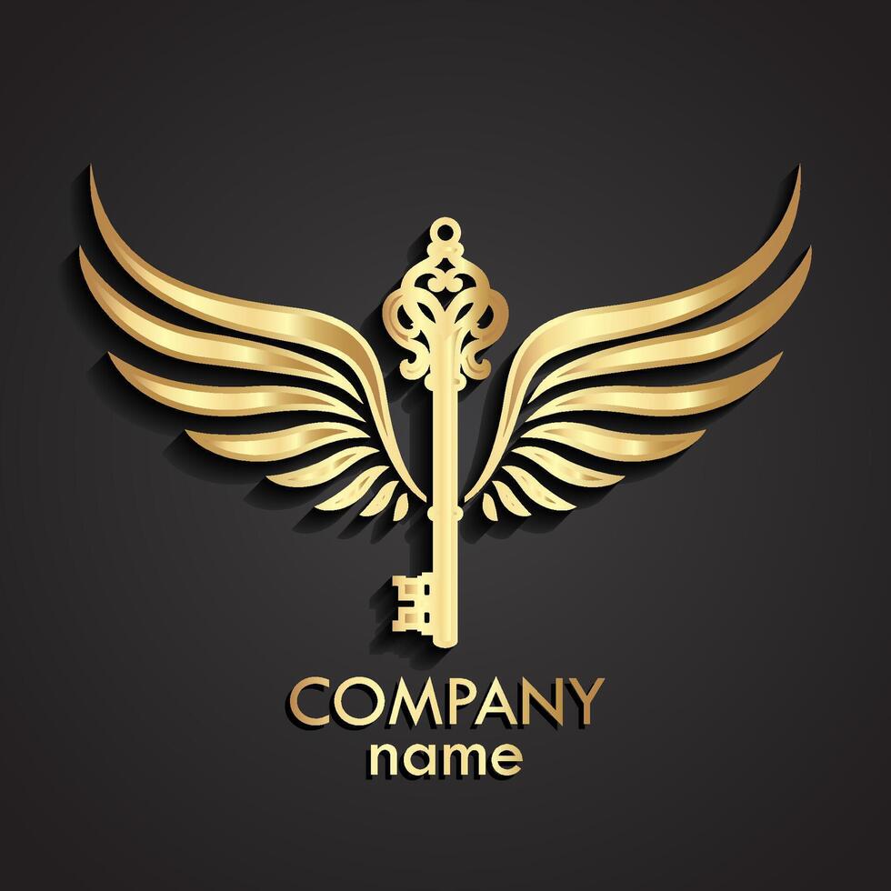 3d winged ornamental key logo vector