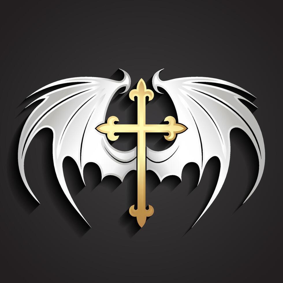 3d gold metal cross with silver demon wings symbol vector