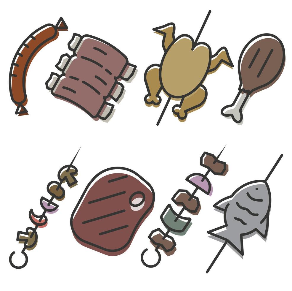 Grill icons. Barbecue grill. Grilled meat. Everything for grilling thin line icons. vector