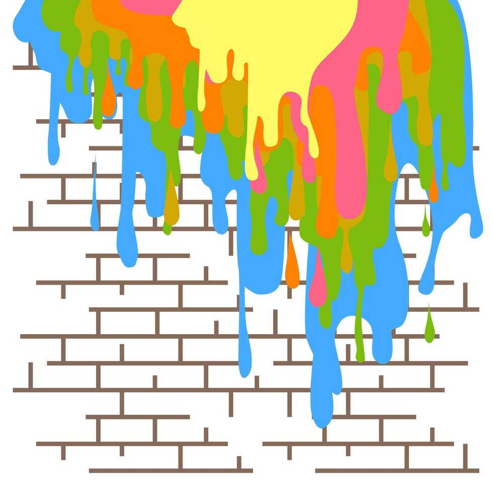 Brick wall of a house with colorful dripping paint. Brick texture. vector