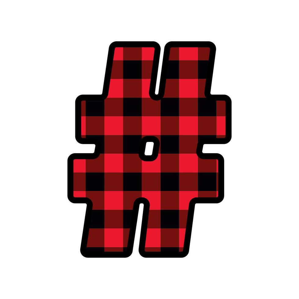 Alphabet number punctuation mark font, red lumberjack plaid pattern for hashtag vector