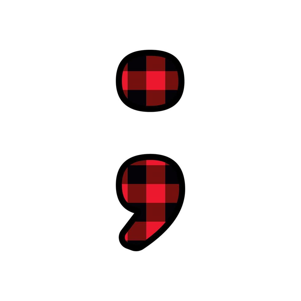 Alphabet number punctuation mark font, red lumberjack plaid pattern for Semi colon vector