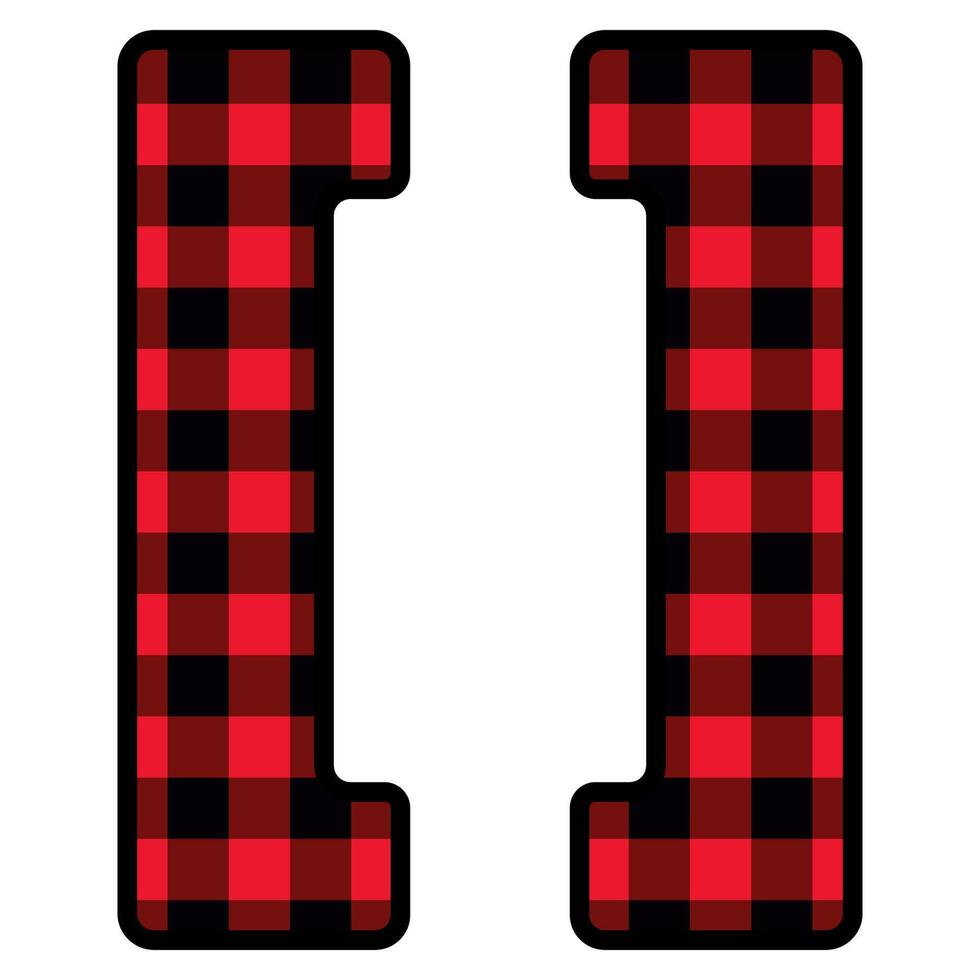 Alphabet number punctuation mark font, red lumberjack plaid pattern for Square Brackets vector