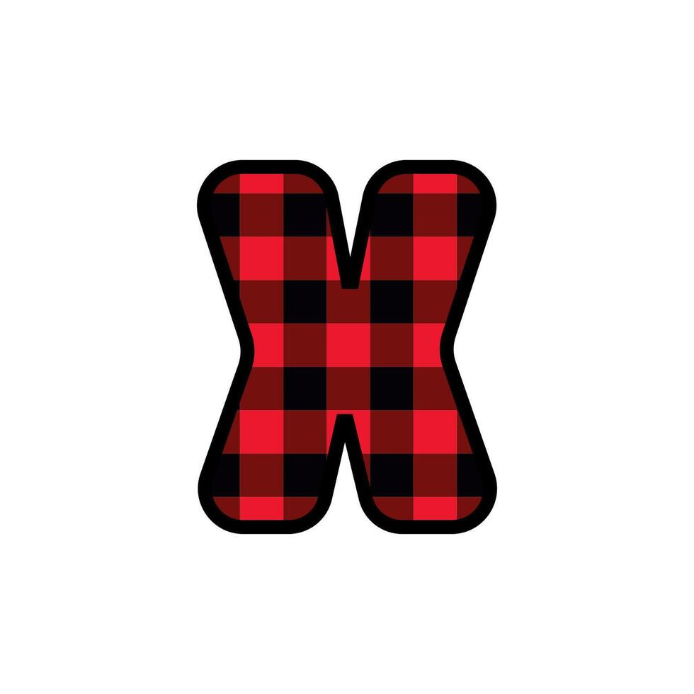 Alphabet number punctuation mark font, red lumberjack plaid pattern for multiply or times vector