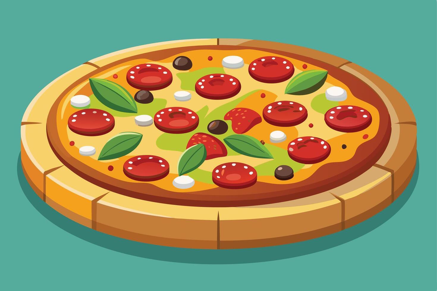 Delicious pizza with pepperoni, cheese, and vegetables on a wooden board. vector